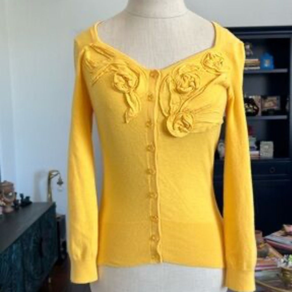 Anthropologie Yellow Cardigan Sweater with Embroidered Details - Picture 2 of 8